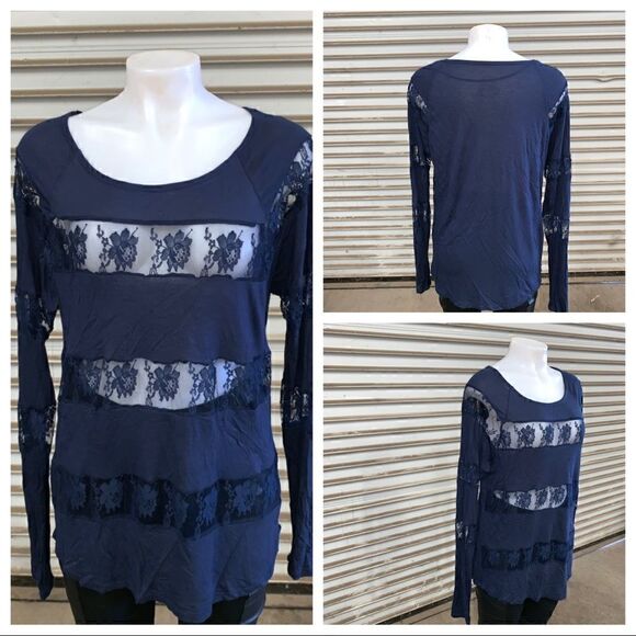 🛍️INC blue top with lace inserts - Picture 1 of 7